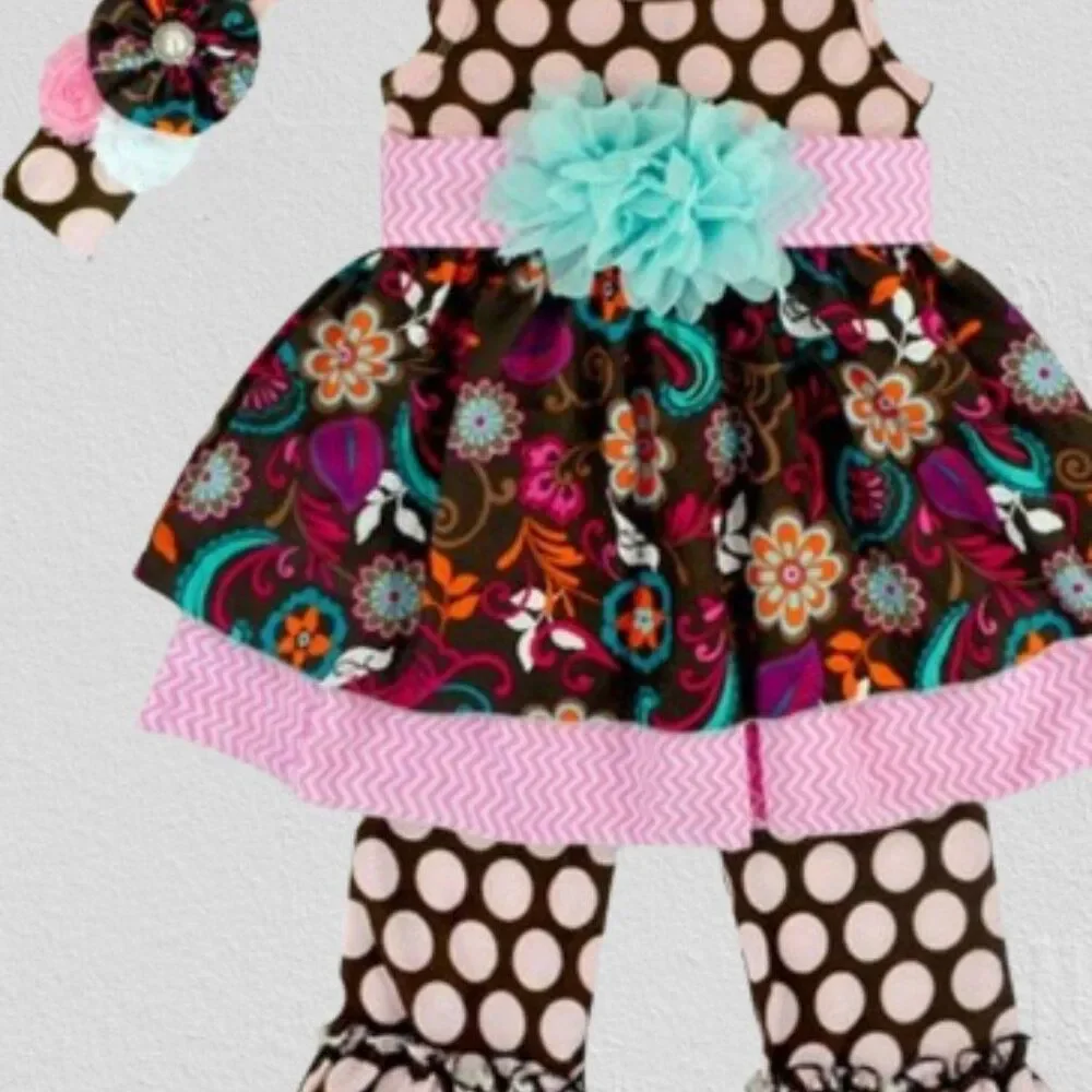 Pink & Brown Floral Polka Dot Ruffle Pant 3 pc Set  7373  12 months NWT Boutique